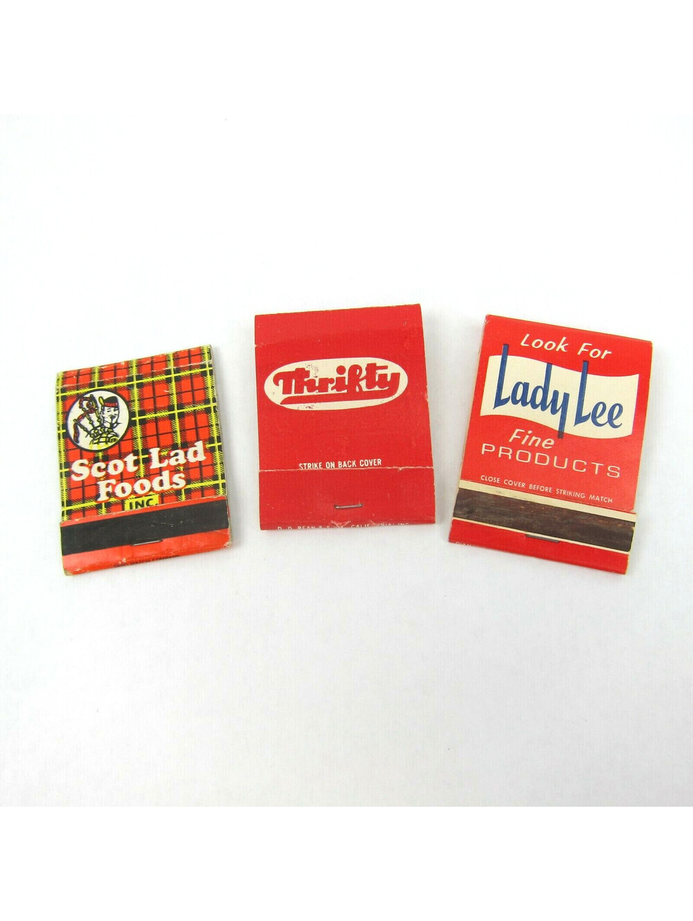 3 Vintage Matchbooks Scot Lad Foods, Thrifty Drug Stores, Lady Lee Harvest Day